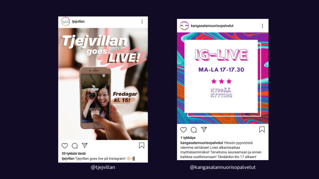 Kaksi kuvakaappausta Instagramista nuorisoalan mainostamista Instagram-liveistä.