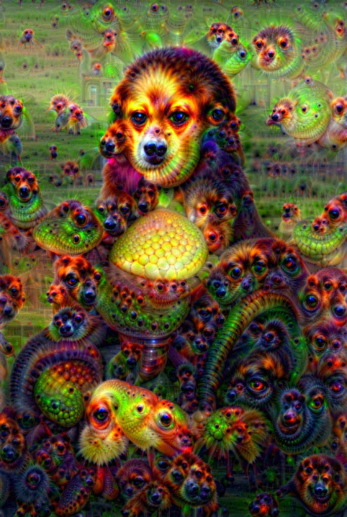 A picture of mona lisa, processed by the deepdream ai to enhance patterns that contain dogs