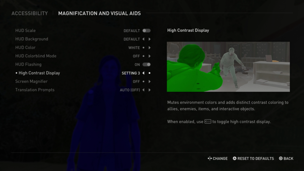 Screenshot Last of Us 2 -pelin saavutettavuusasetuksista näkövammaisille pelaajille